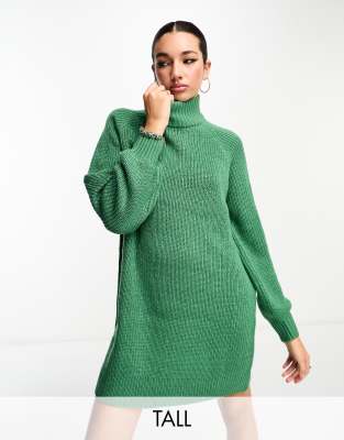 Noisy May Tall High Neck Balloon Sleeve Mini Sweater Dress In Green