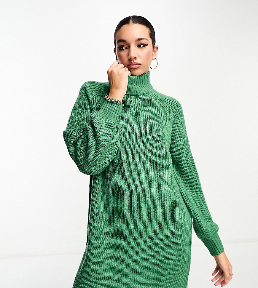 high neck balloon sleeve mini sweater dress in green