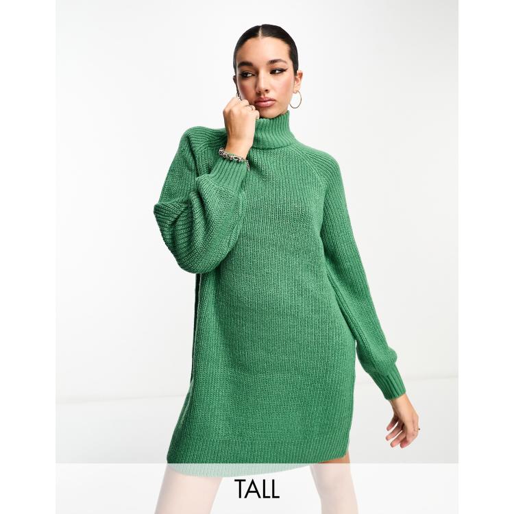 Noisy May Tall high neck balloon sleeve mini sweater dress in green