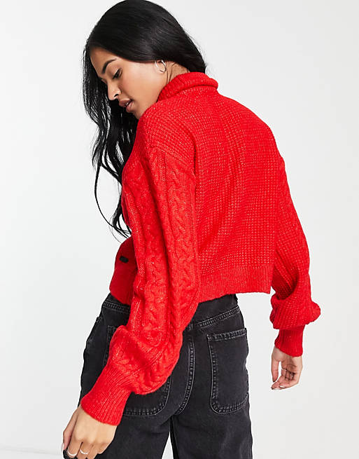 Women Noisy May Tall high neck cable knit jumper in red 