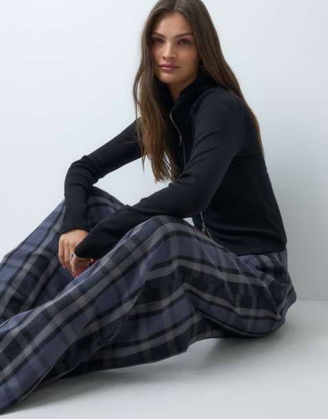 Noisy May Tall high waist wide leg pants in deep grey check - view 1
