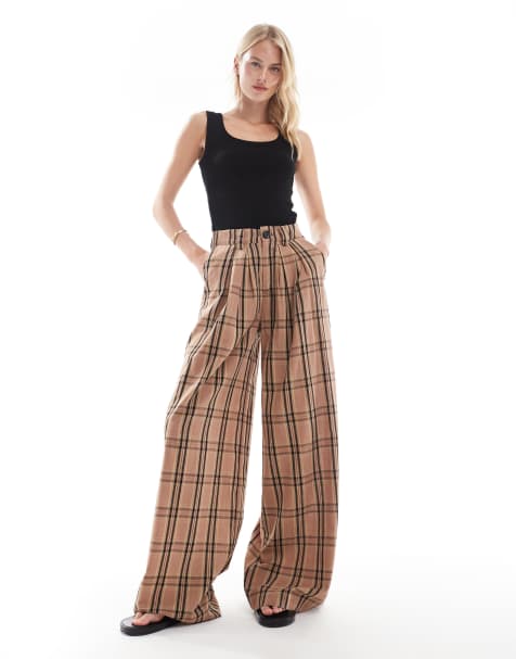 Noisy May Tall high waist wide leg pants with pleat detail in brown check - view 1