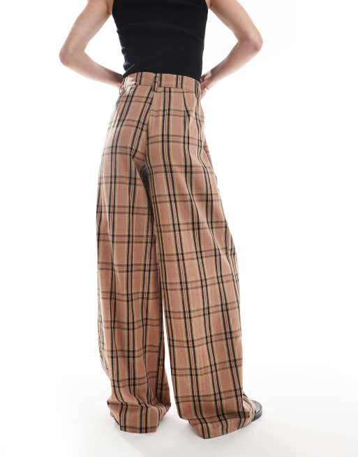 Noisy May Tall high waist wide leg pants with pleat detail in brown plaid