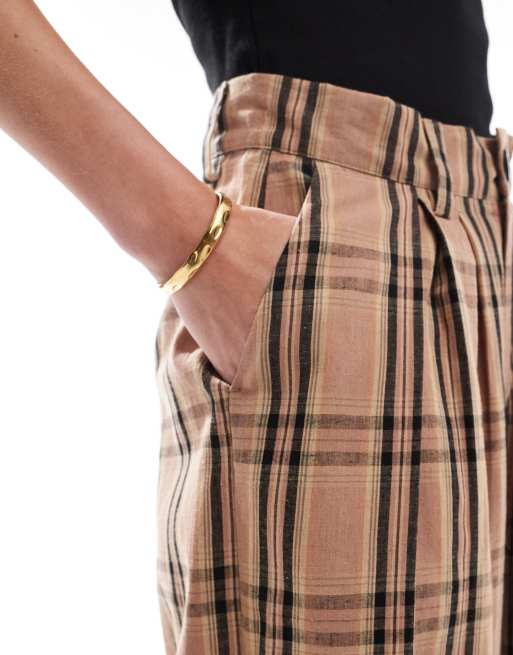 Noisy May Tall high waist wide leg pants with pleat detail in brown plaid