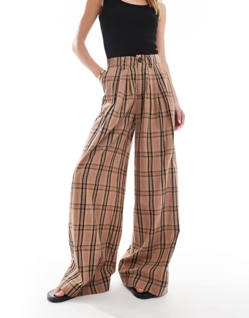 Noisy May Tall high waist wide leg pants with pleat detail in brown plaid