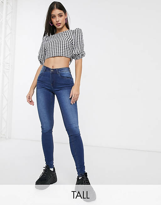 Noisy May Tall high waisted body shaping jeans in indigo wash | ASOS