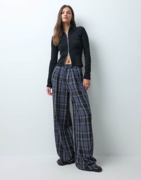 Noisy May Tall Hose mit hohem Bund und weitem Bein in dunkelgrau kariert - view 1