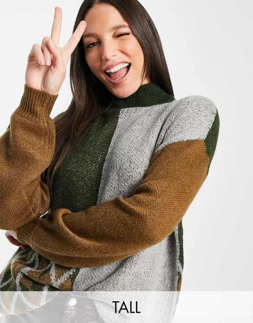 Noisy May Tall jumper in brown colour block
