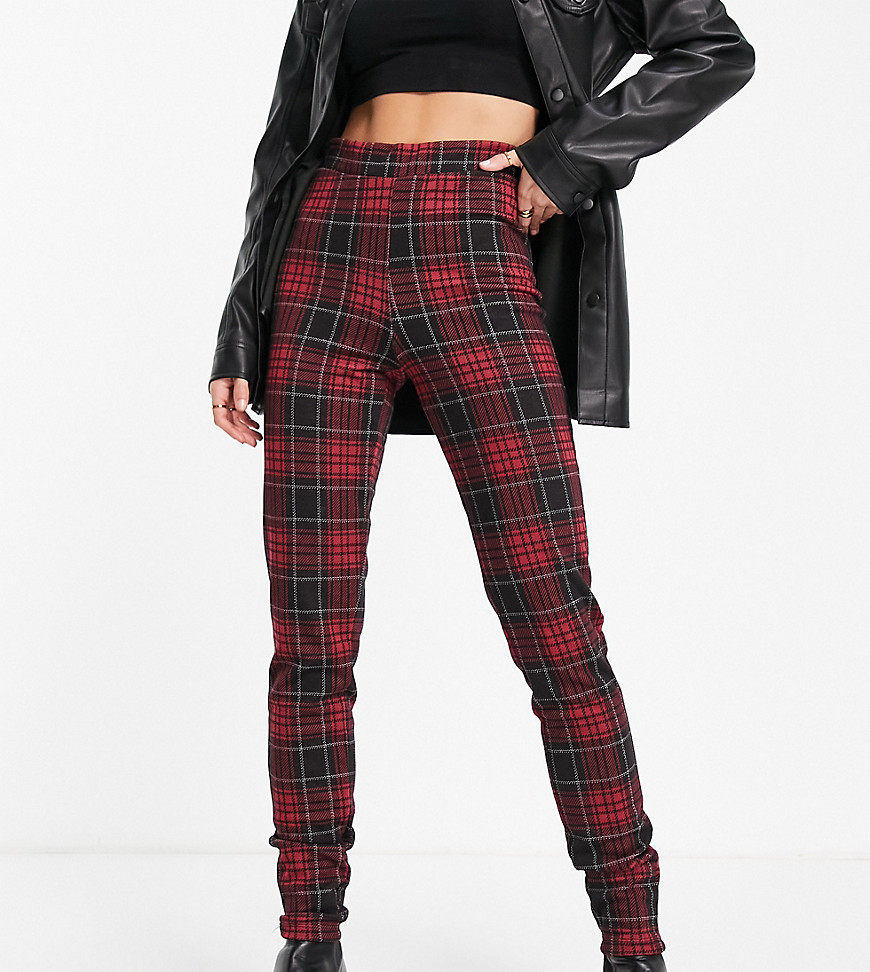Noisy May Tall knitted slim pants in red tartan check-Multi