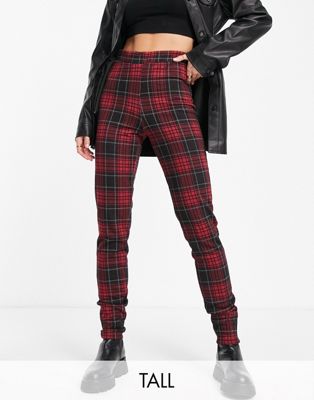 Noisy May Tall knitted slim trousers in red tartan check