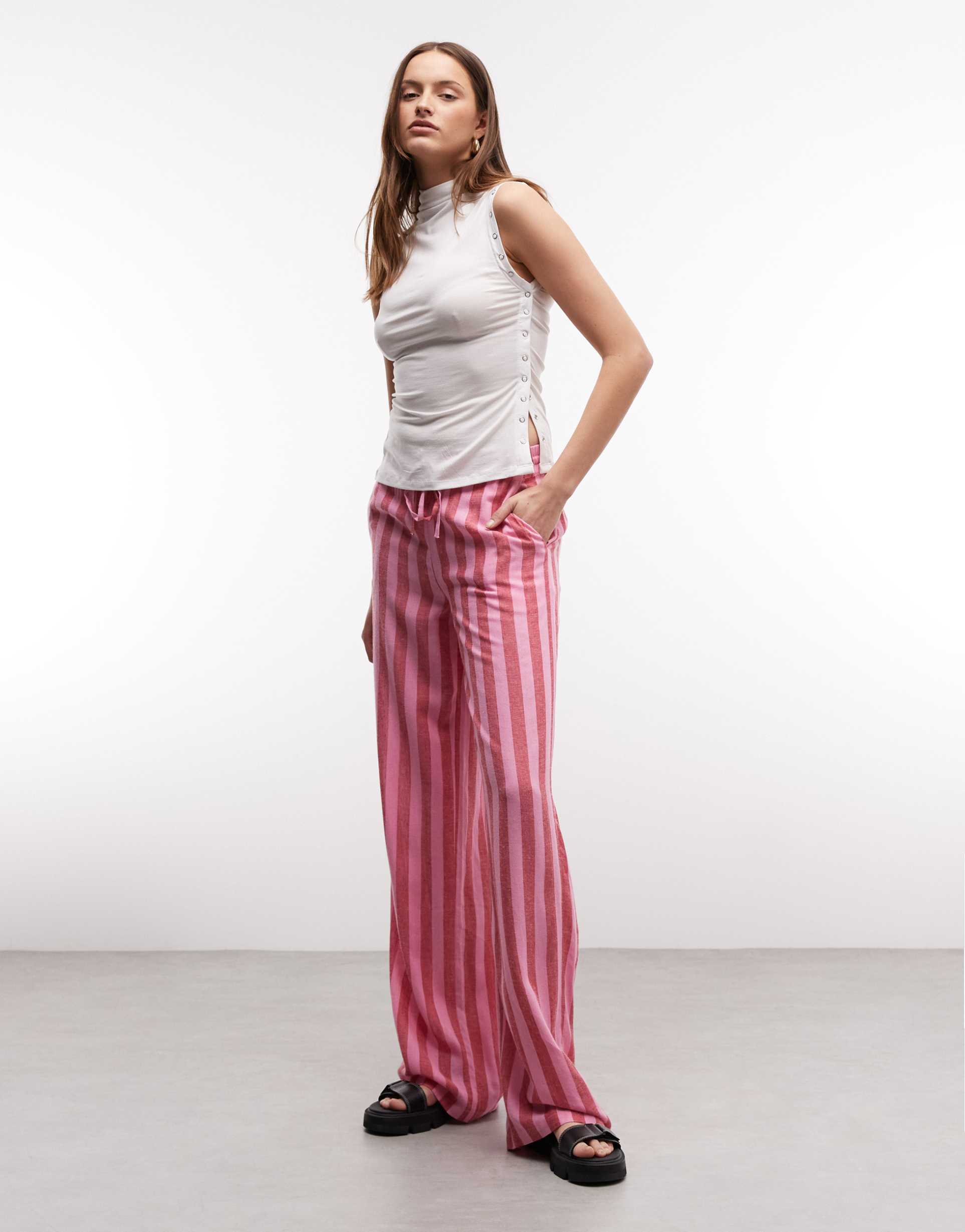 noisy may tall linen mix pants in pink & red stripe