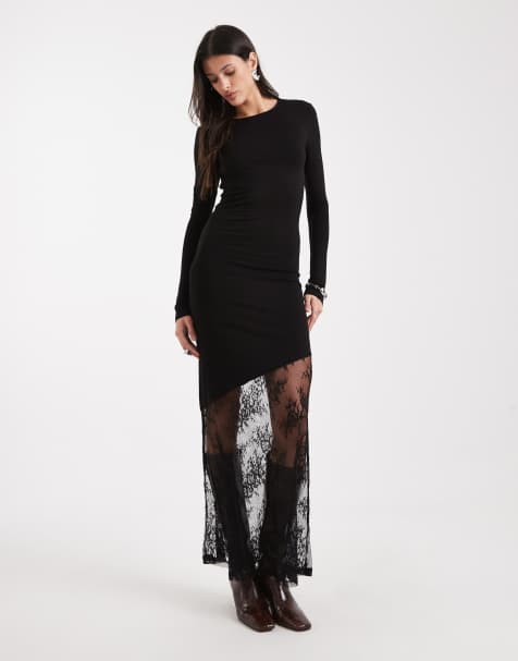 Noisy May Tall long sleeve maxi dress with lace fishtail in black - view 1