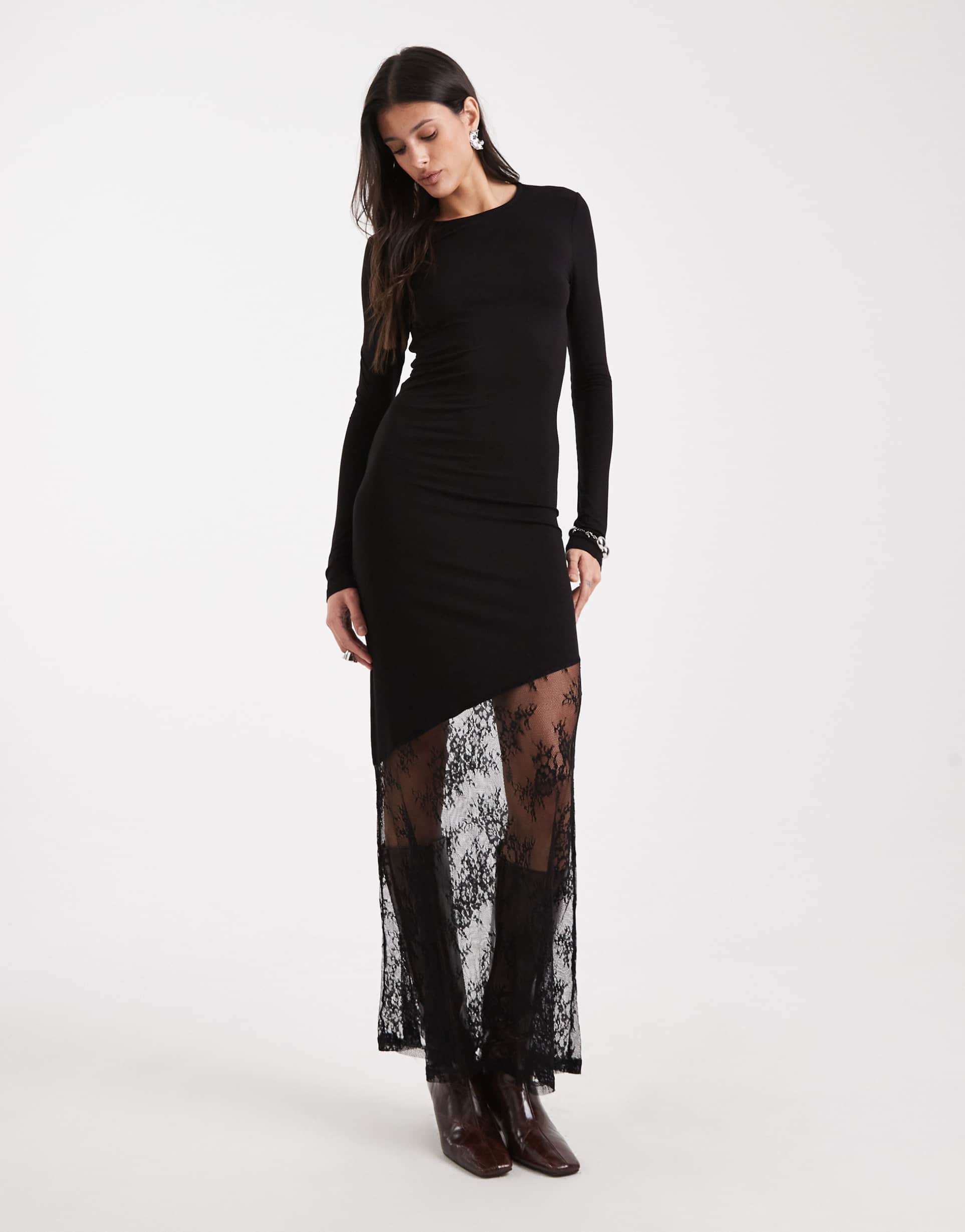 noisy may tall long sleeve maxi dress with lace fishtail in black