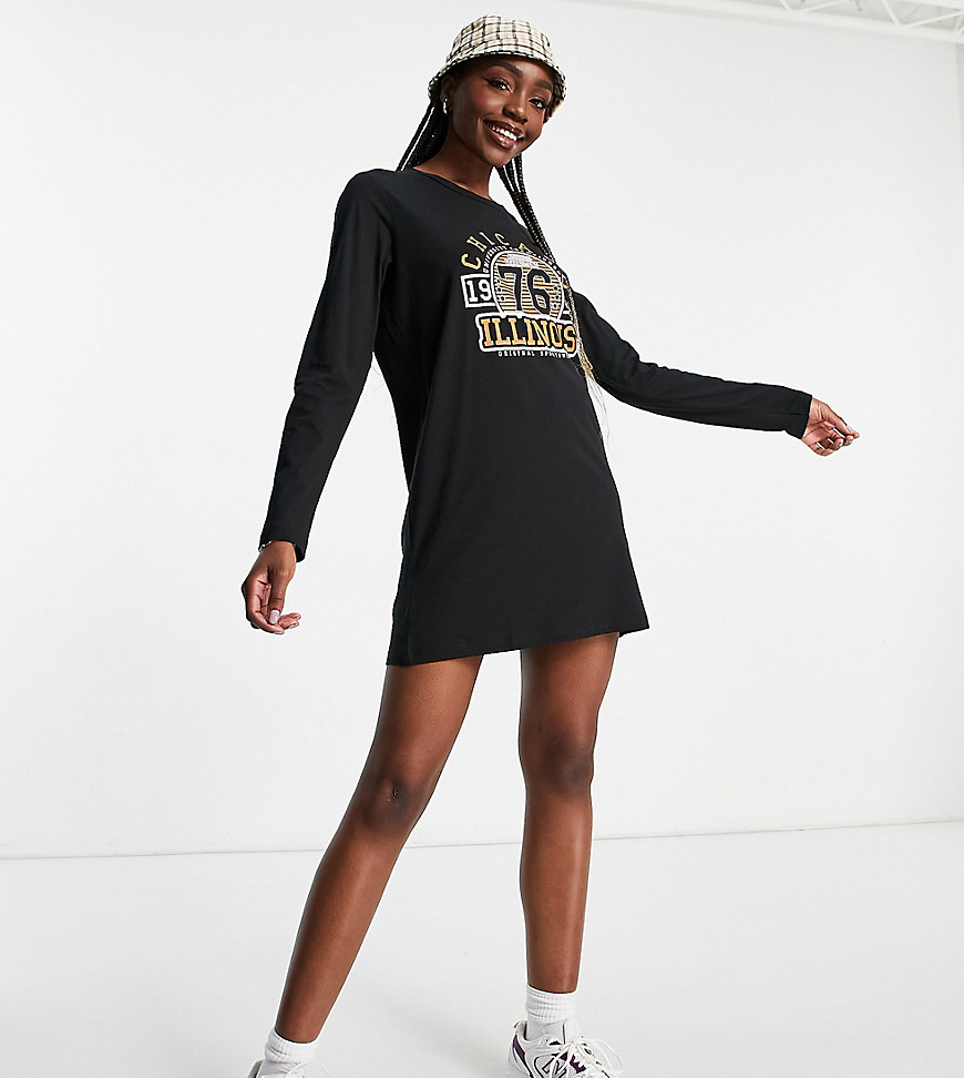 Noisy May Tall long sleeve T-shirt dress with Chicago collegiate design in black