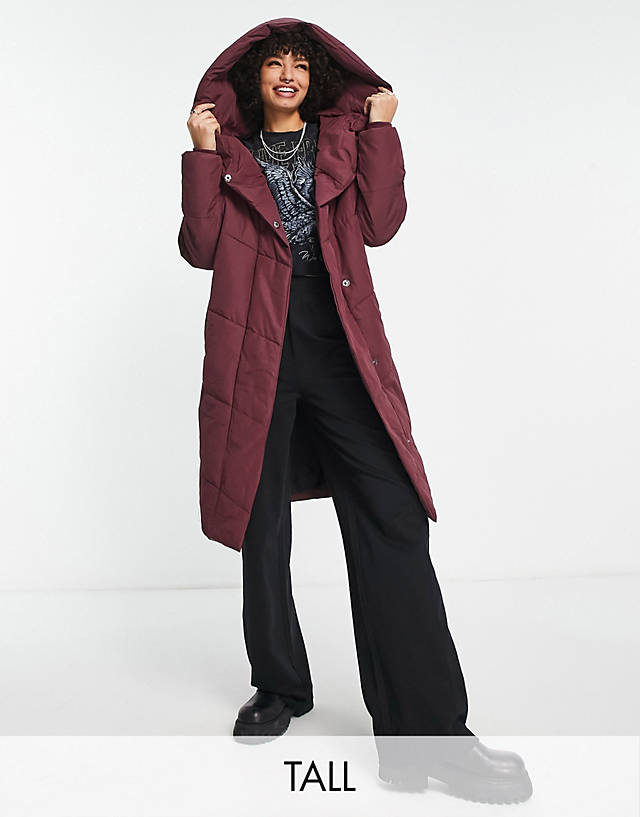 Noisy May Tall - longline padded coat with hood in dark red