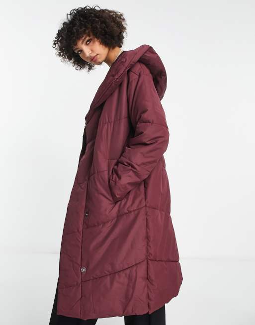 Noisy May Tall longline padded coat with hood in dark red