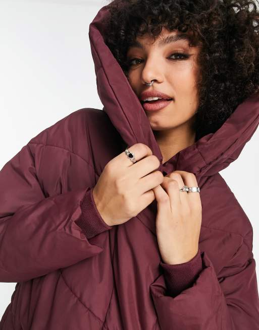 Noisy May Tall longline padded coat with hood in dark red