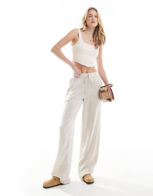 loose fit linen mix pants in oatmeal-Brown