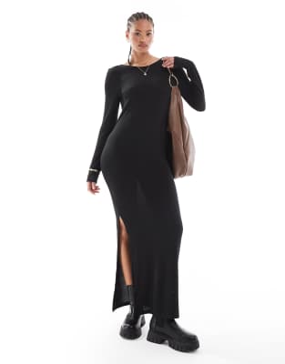 Noisy May Tall - Maxi-Strickkleid in strukturiertem Schwarz mit tiefem Rückenausschnitt