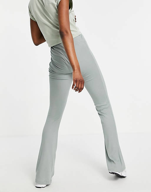  Noisy May Tall organic cotton blend ribbed flared trousers in sage 