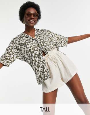 Noisy May Tall oversized shirt in khaki abstract print - ASOS Price Checker
