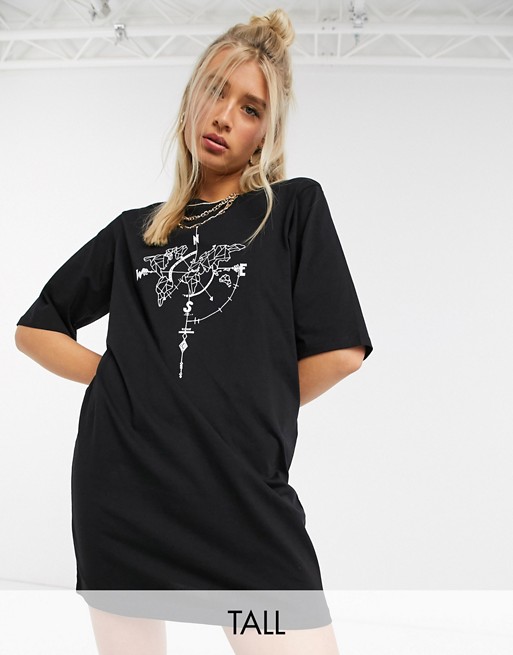 Noisy May Tall oversized t-shirt dress with compass motif in black