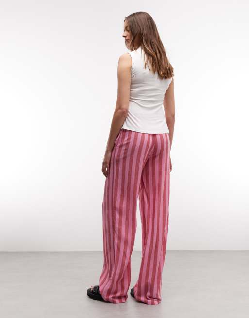 Noisy May Tall - Pantalon en lin mélangé à rayures - Rose et rouge, 4 de 5