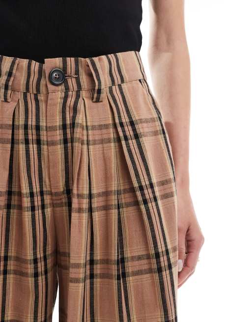 Noisy May Tall - Pantalon taille haute ample à carreaux et pinces - Marron, 5 de 5