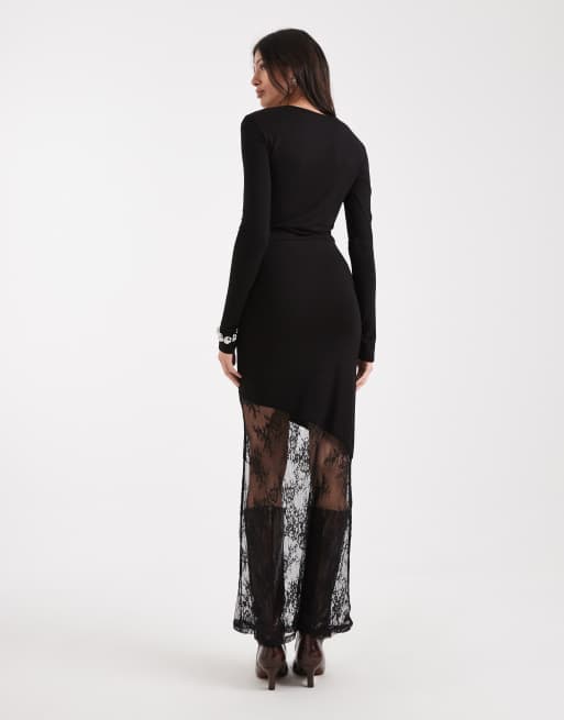 Noisy May Tall - Robe longue à manches longues avec ourlet plongeant en dentelle - Noir, 3 de 4