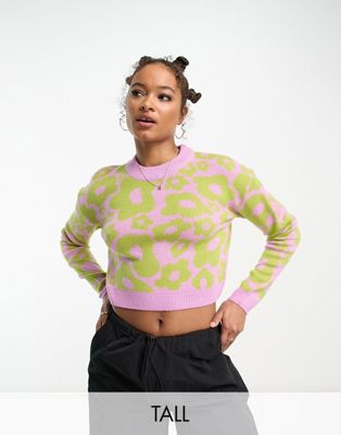 Noisy May Tall scoop neck jumper in lime & purple floral