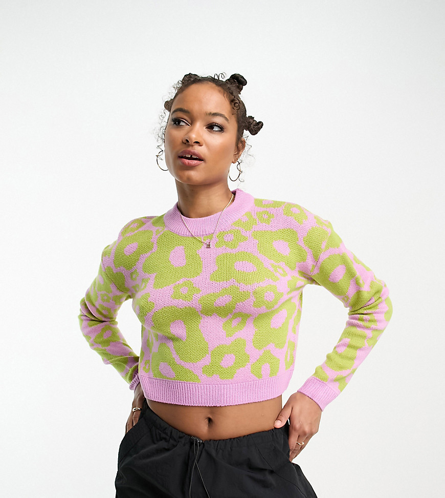 scoop neck sweater in lime & purple floral-Multi