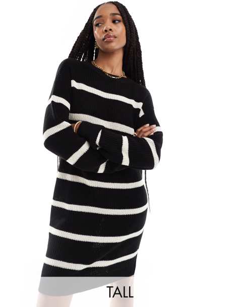 Noisy May Tall slouchy knit dress in black with cream stripe - view 1
