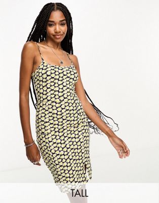 Noisy May Tall split front mini cami dress in yellow and black floral