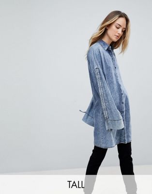 Noisy May Tall – Stentvättad jeansskjorta i longline-modell-Blå