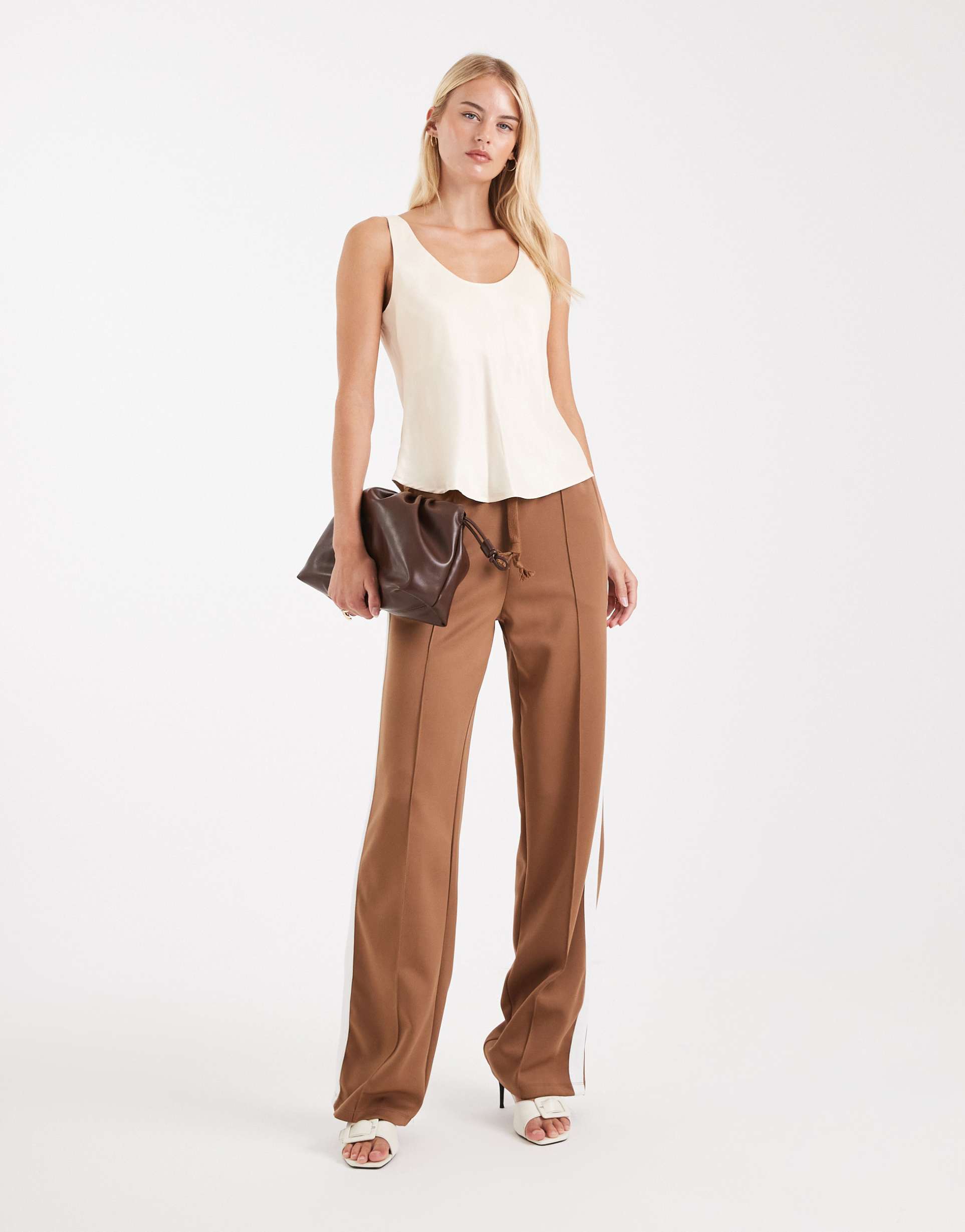 noisy may tall straight leg jersey pants in light brown with white side stripe