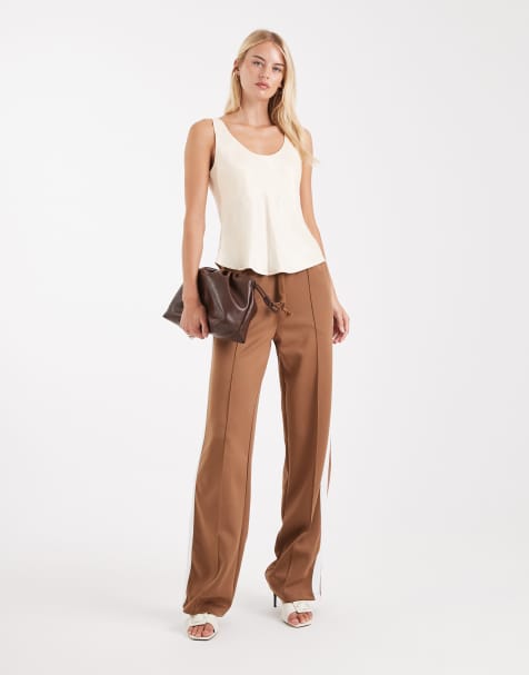 Noisy May Tall straight leg jersey trouser in light brown with white side stripe - view 1