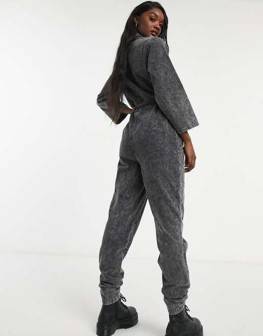 Noisy May Tall – Svart stentvättad jumpsuit i denim, 2 av 4