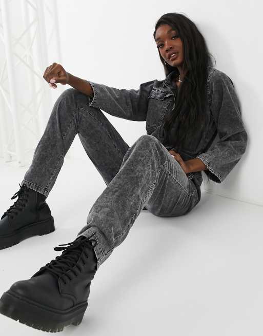 Noisy May Tall – Svart stentvättad jumpsuit i denim, 4 av 4