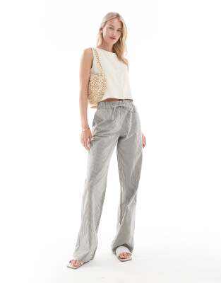Noisy May Tall Noisy May Tall tie front wide leg trousers in grey stripe