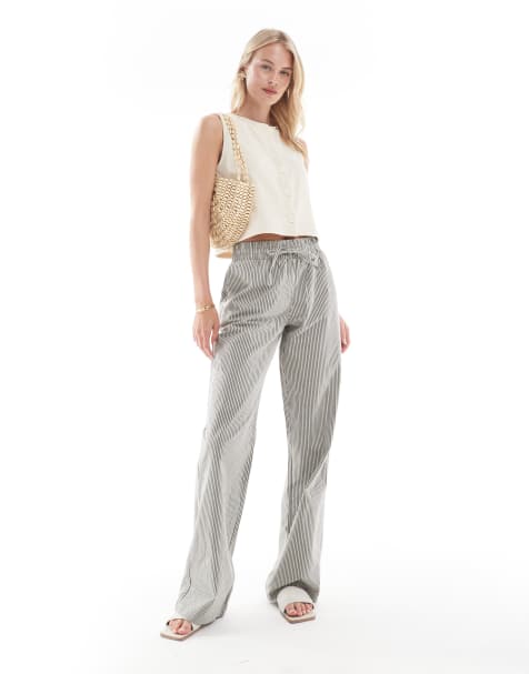 Noisy May Tall tie front wide leg trousers in grey stripe - view 1