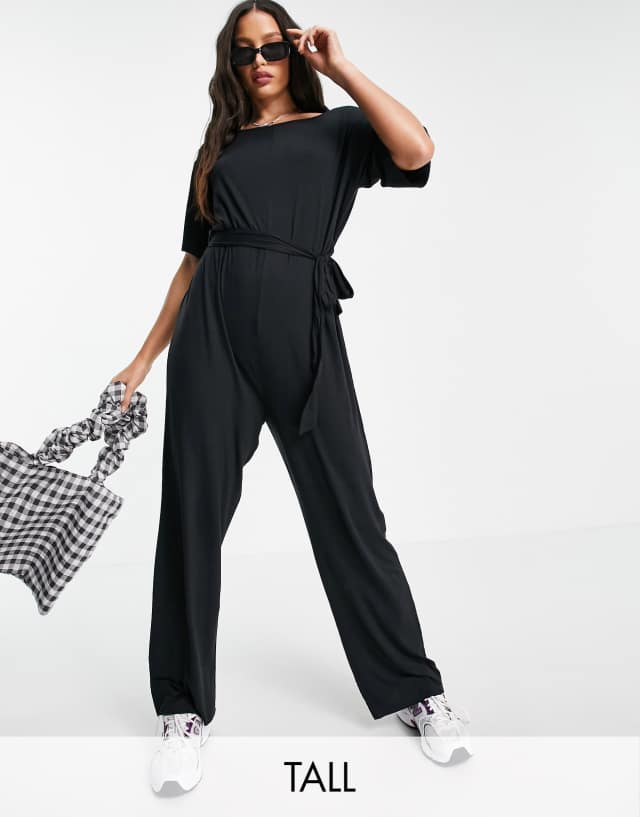 Noisy May Tall tie waist jumpsuit in black