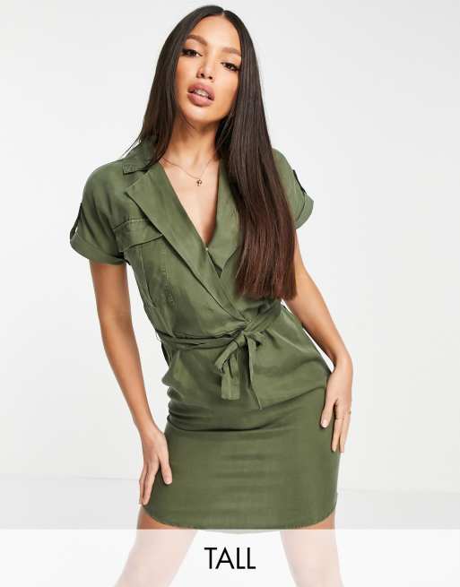 Noisy May Tall tie waist shirt dress in khaki | ASOS