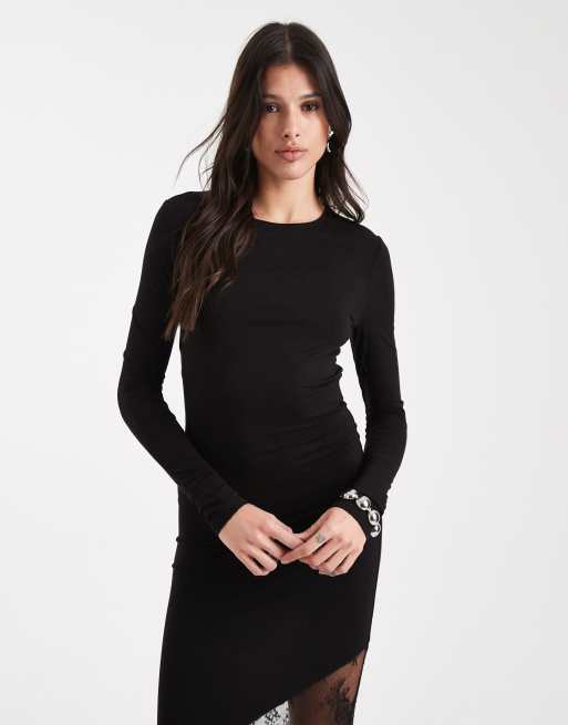 Noisy May Tall - Vestito lungo a maniche lunghe nero con fondo a sirena in pizzo, 4 di 4