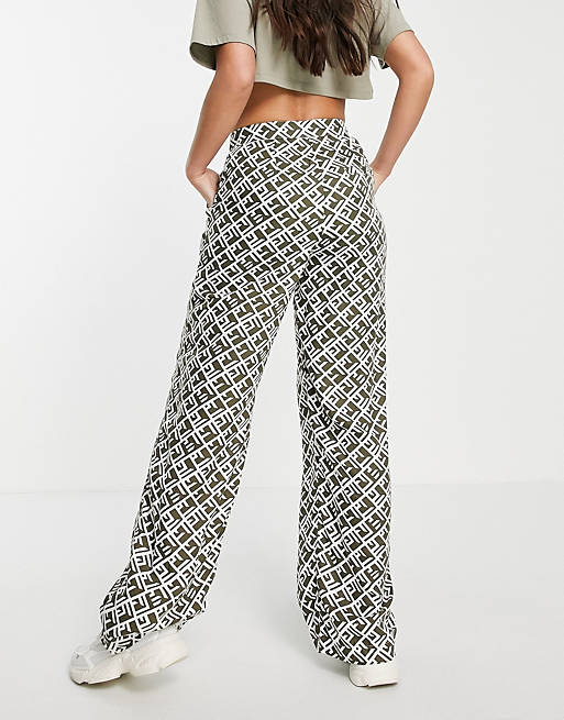 Women Noisy May Tall wide leg trousers co-ord in khaki abstract print 