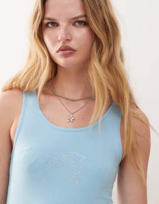 Noisy May - Tanktop in Blau mit Strass-Delfinen