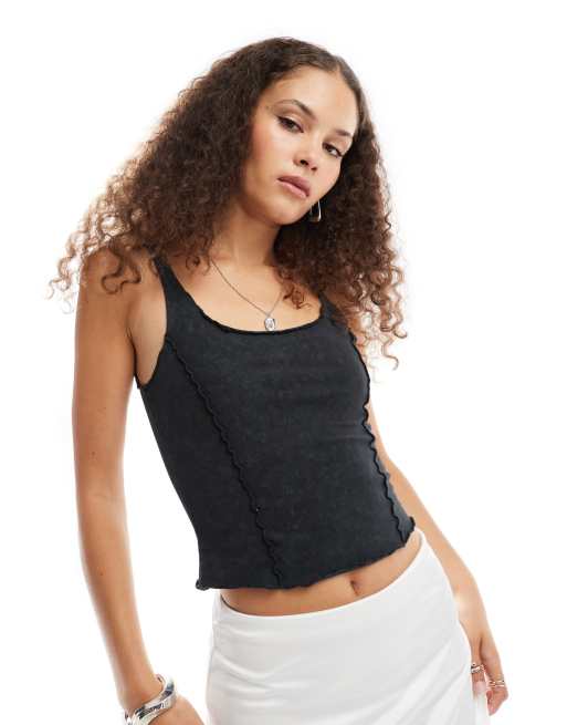 Noisy May - Tanktop met siernaden en acid-wash in zwart