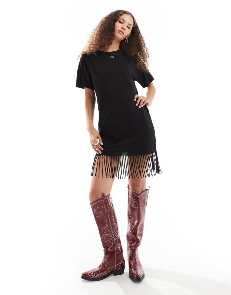 Noisy May tassle mini t-shirt dress in black