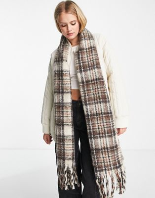 Noisy May soft brushed tassel scarf in brown check