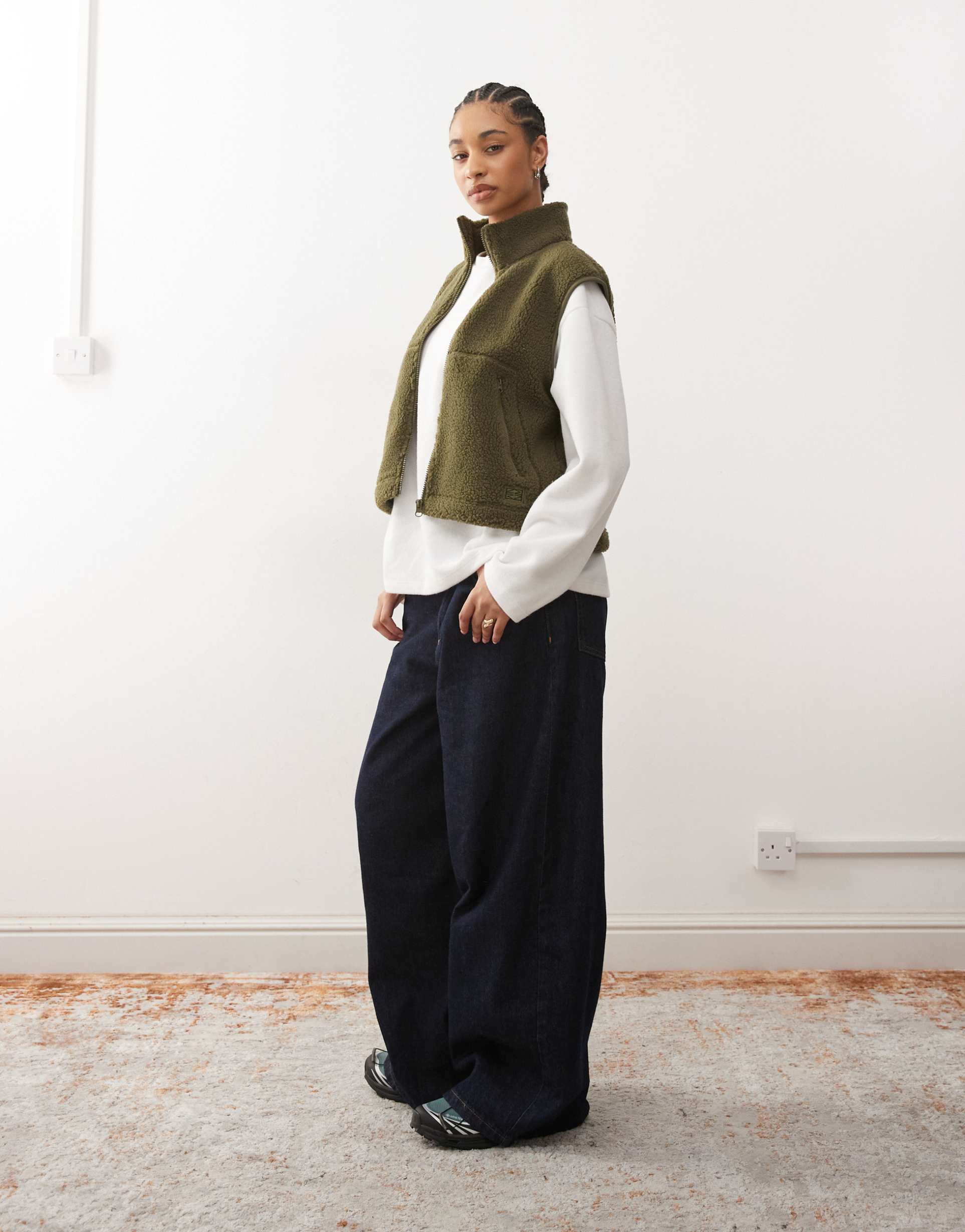 noisy may teddy fleece vest in khaki green