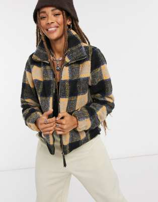 Noisy May teddy jacket in mustard and black check-Multi